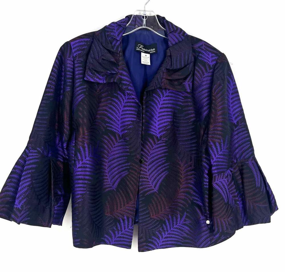 Frascara Size 16 Purple/Black Leaves Bubble Sleeve Designer Blazer